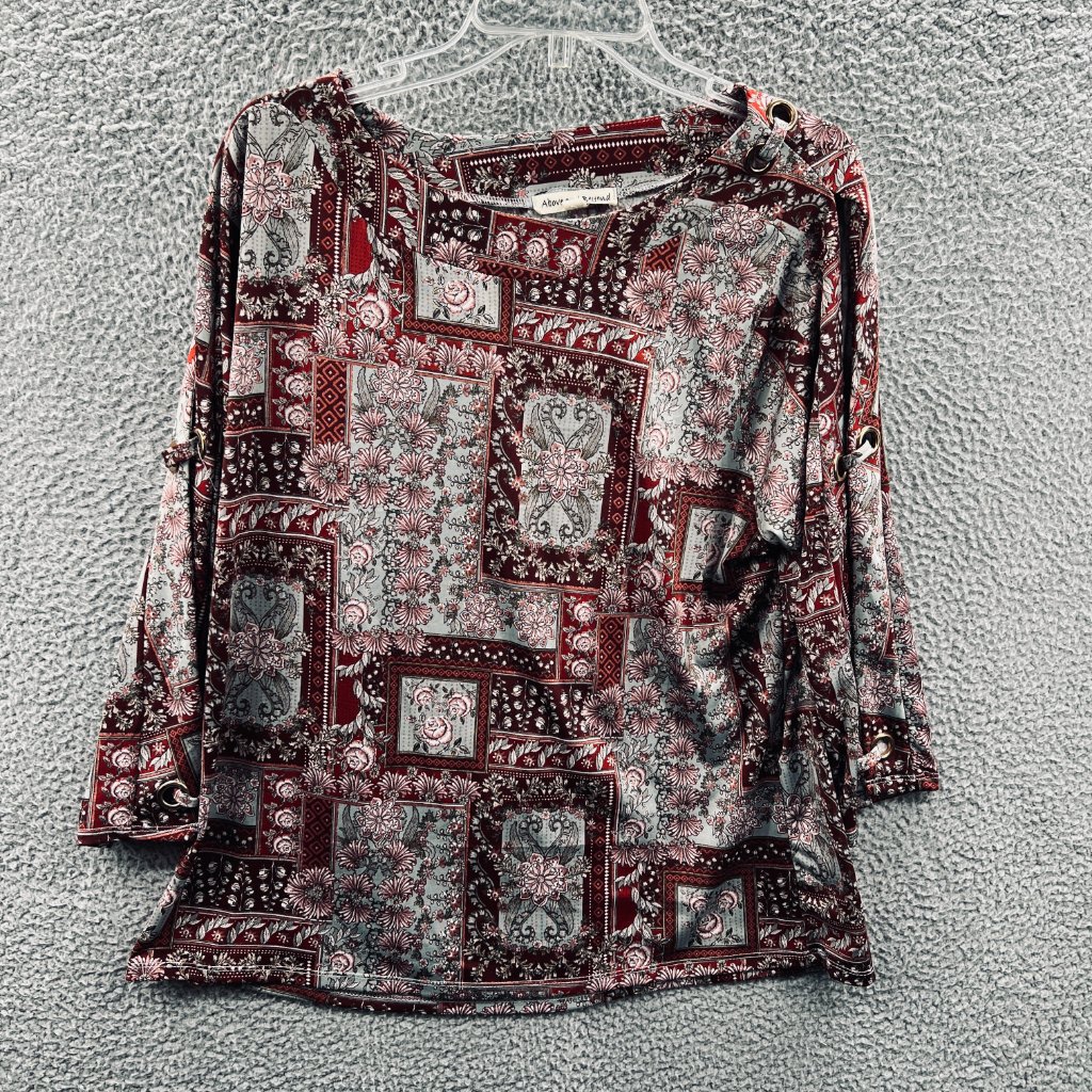 Above And Beyond Womens Top 1x Burgundy Floral Patchwork Eyelet Detail Sleeve